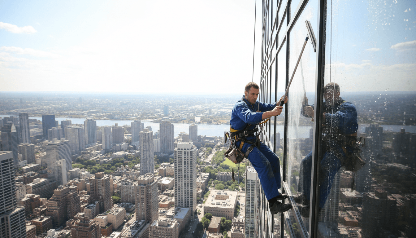 Professional window cleaner using a squeegee on a large glass window