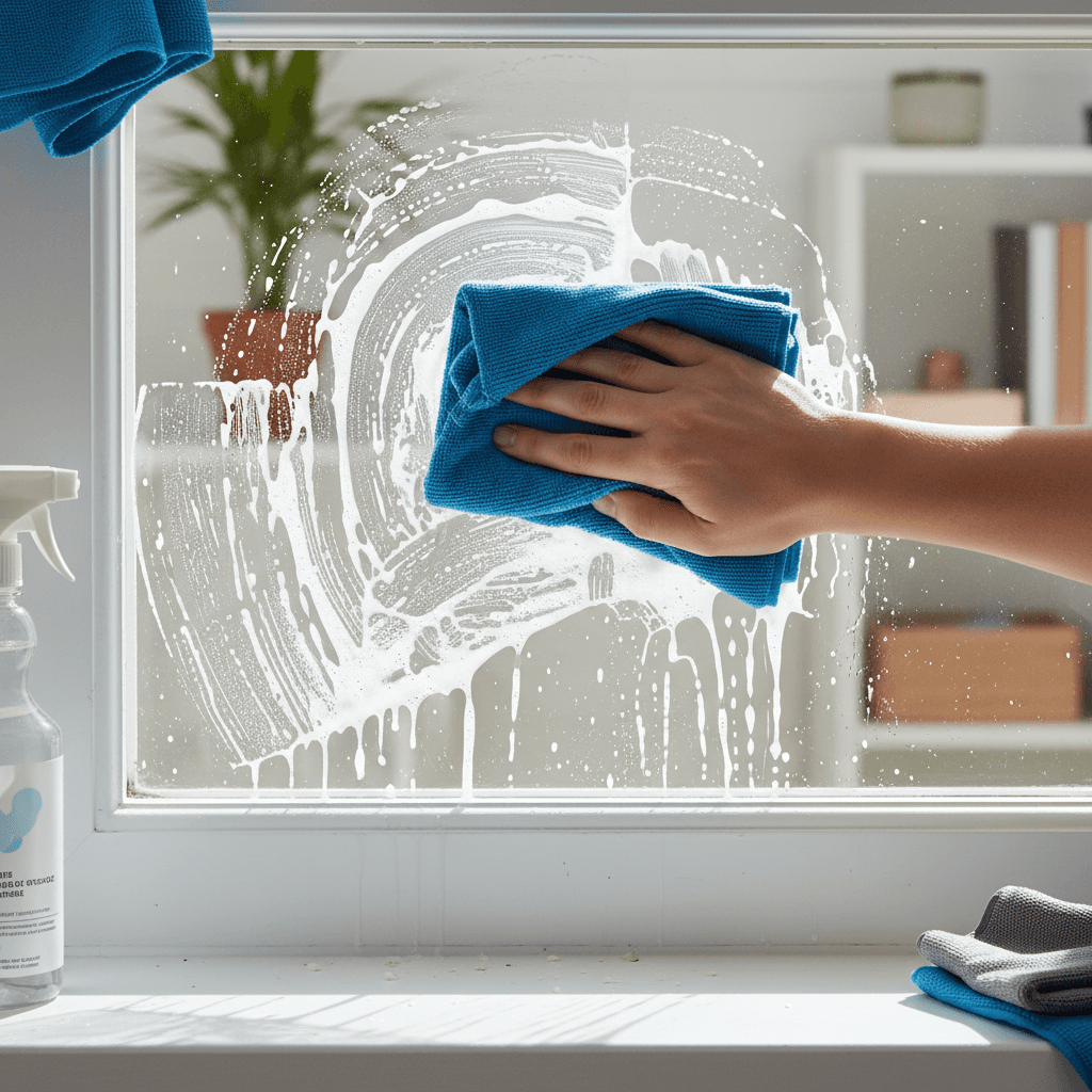 Cleaning a window screen with a cloth and spray