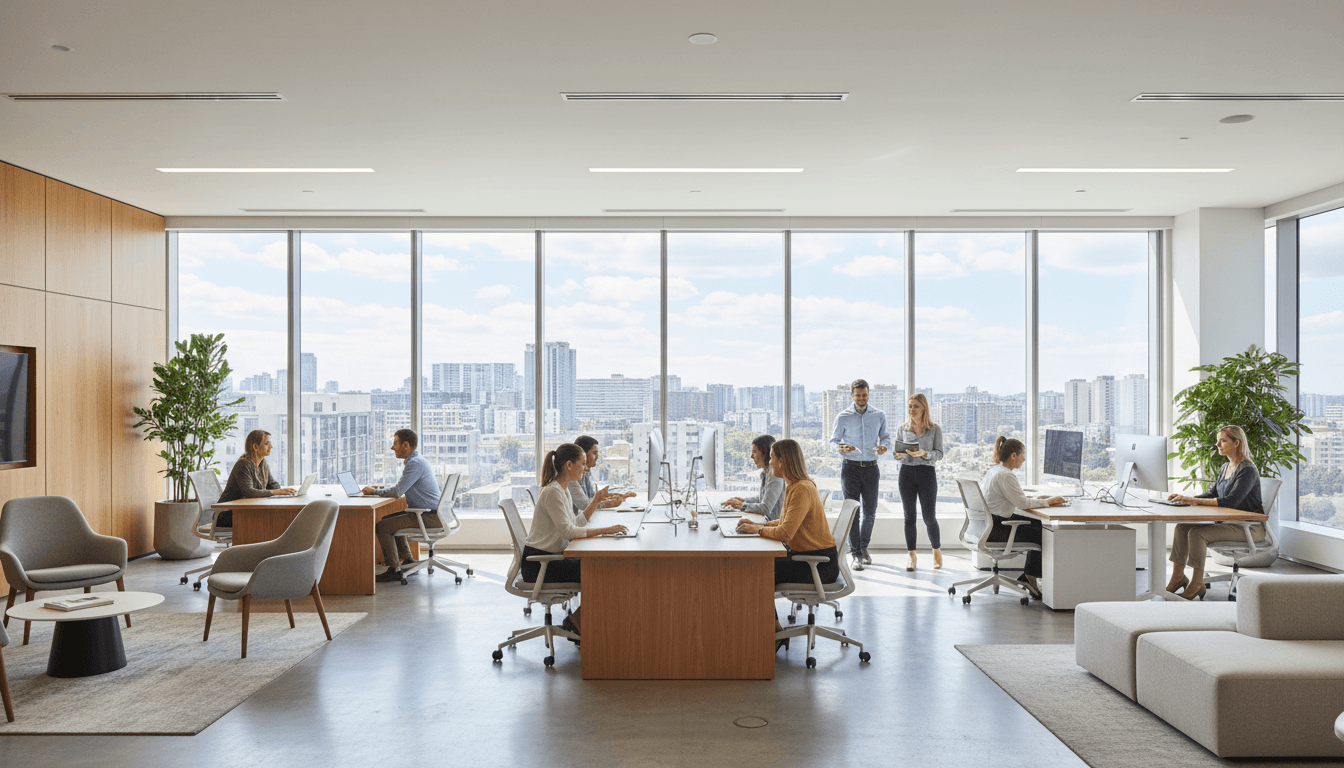 Sunlit office interior with polished floor-to-ceiling windows