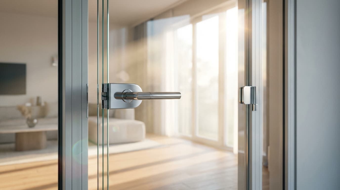 Detailed glass entrance door with spotless frame and hardware