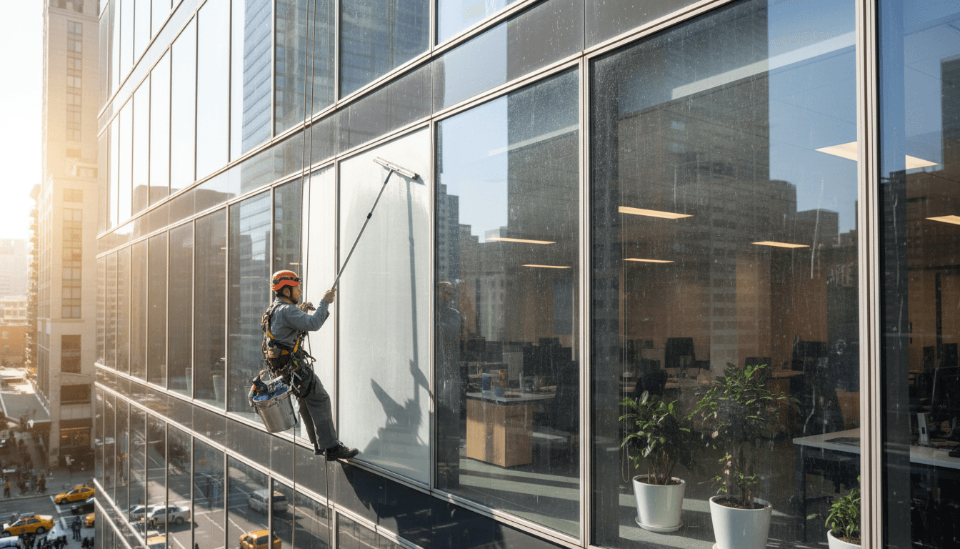 Office tower glass facade with crisp reflections after a wash