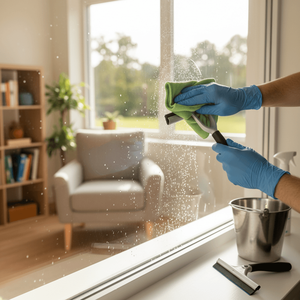 Window cleaner using a squeegee on a large home window