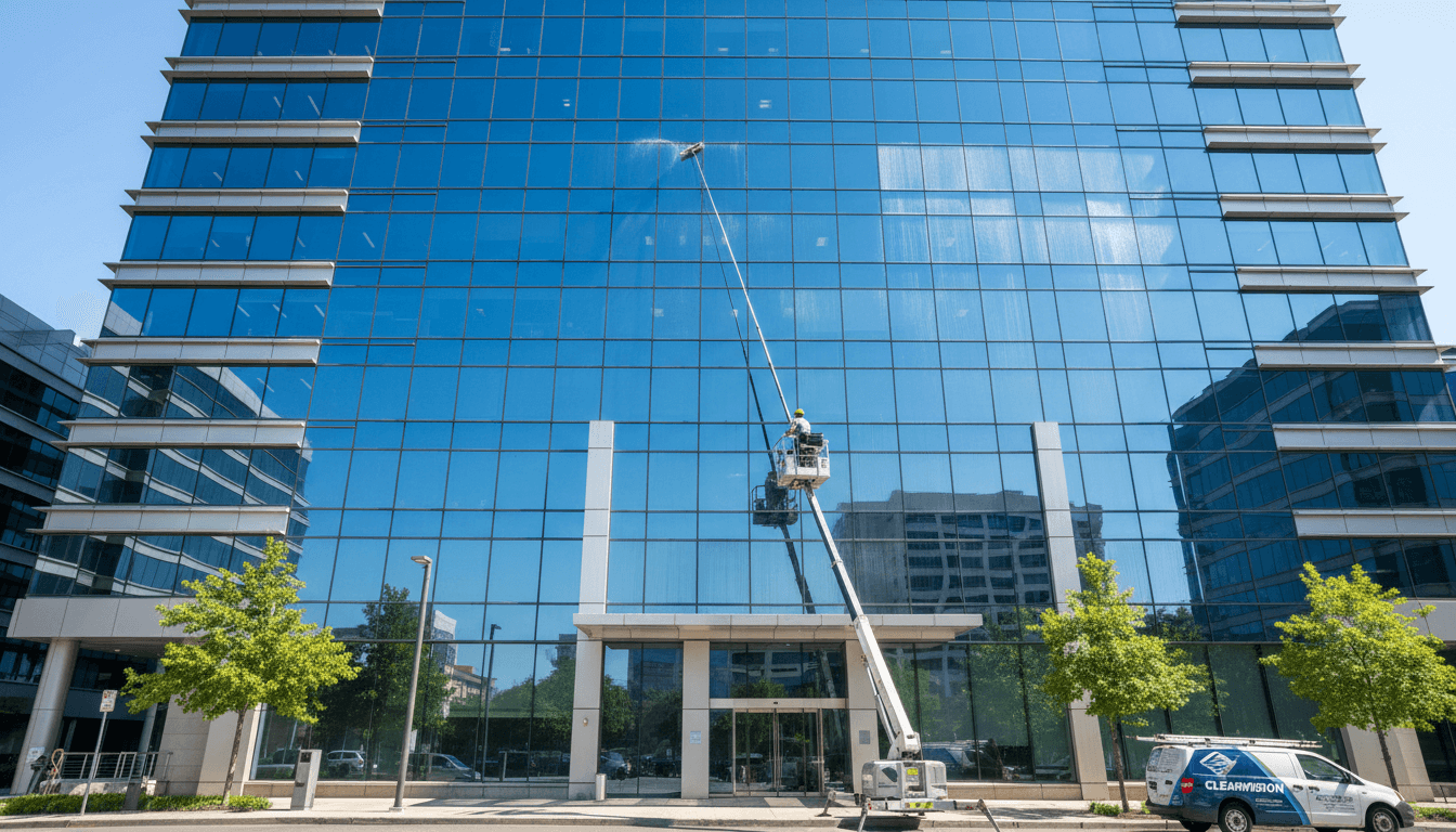 Careful exterior washing on a multi-story commercial building