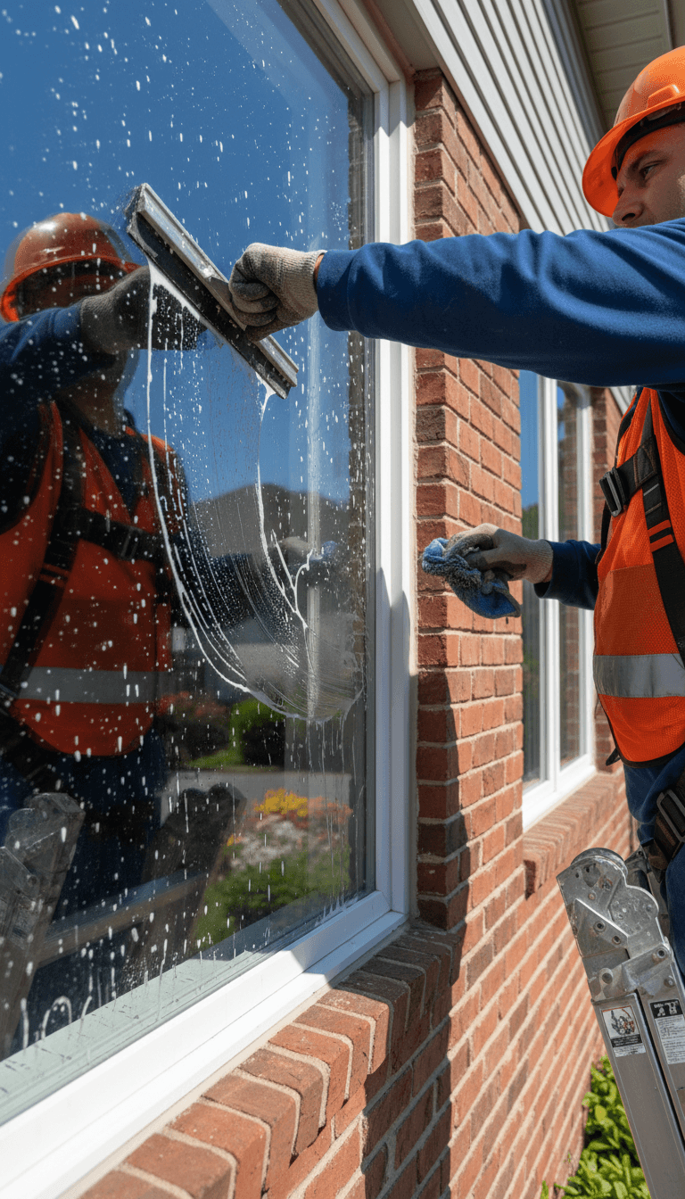 Professional window cleaner inspecting a storefront exterior before starting work
