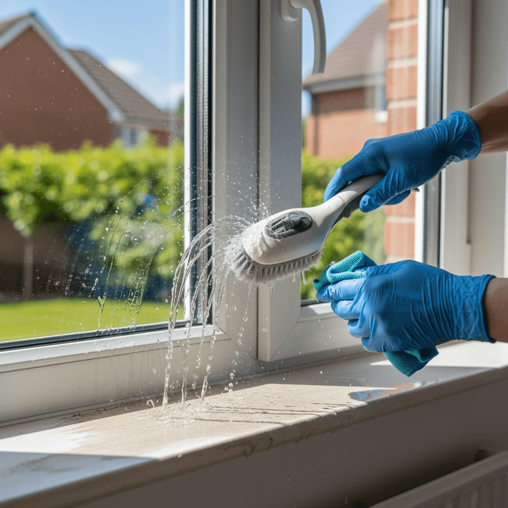 Wiping a window frame and sill by hand