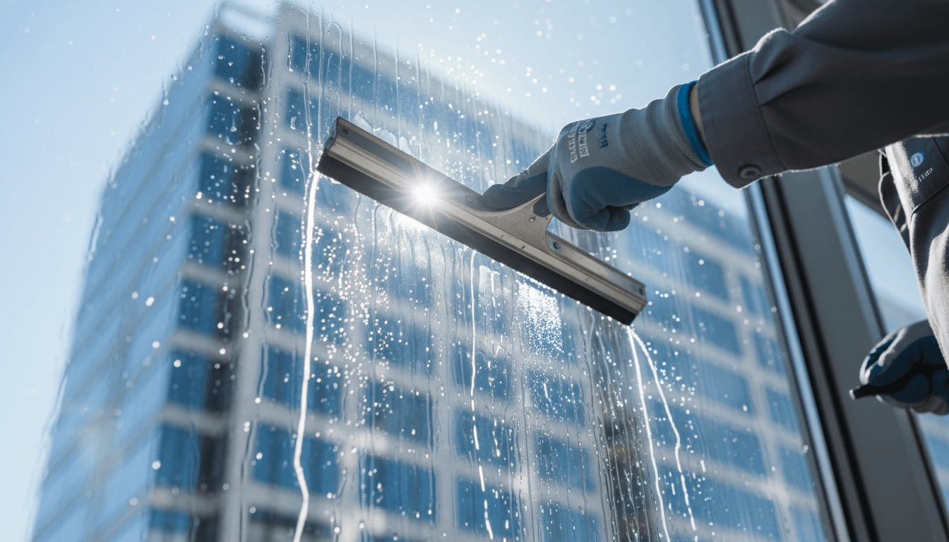 Professional window cleaner using a squeegee on a large glass window of a modern building